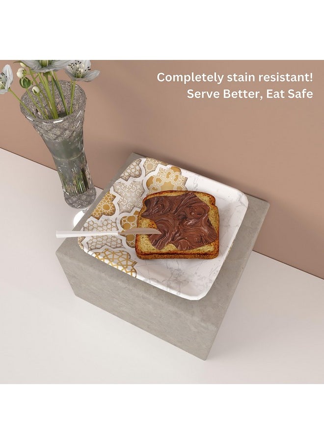 Castleite Bliss Melamine Quarter Plates Set Of 6 - Size 7',Non Breakable,Square Designer Plate For Serving Snacks,Breakfast,Lunch Or Dinner At Home,Kitchen,Or Café,Stainless (Paradise Palms) - White