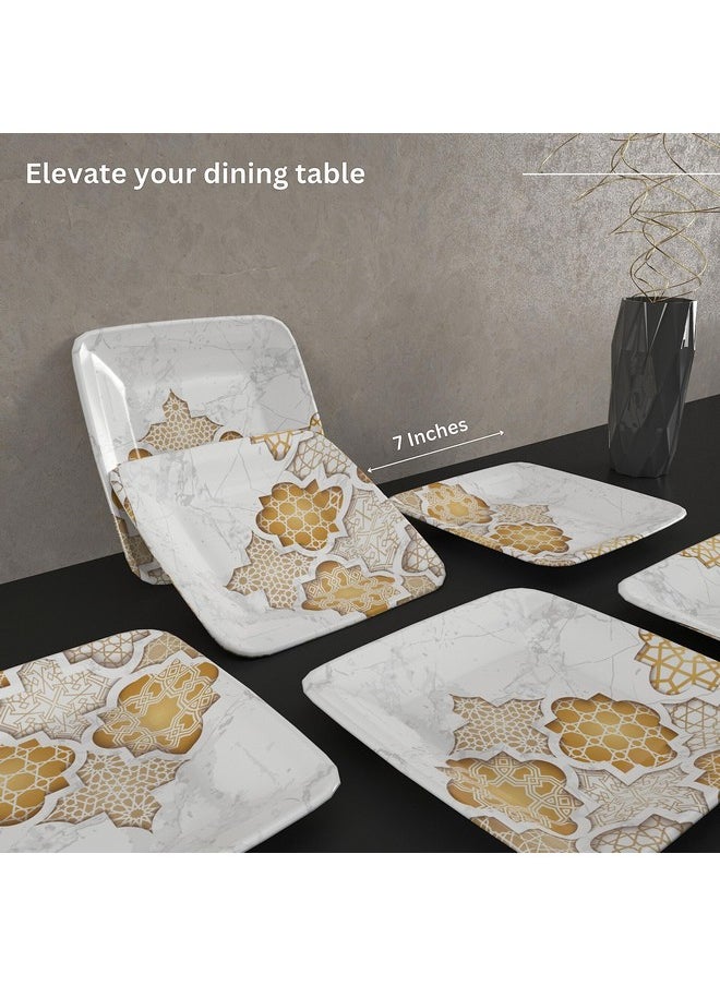 Castleite Bliss Melamine Quarter Plates Set Of 6 - Size 7',Non Breakable,Square Designer Plate For Serving Snacks,Breakfast,Lunch Or Dinner At Home,Kitchen,Or Café,Stainless (Paradise Palms) - White
