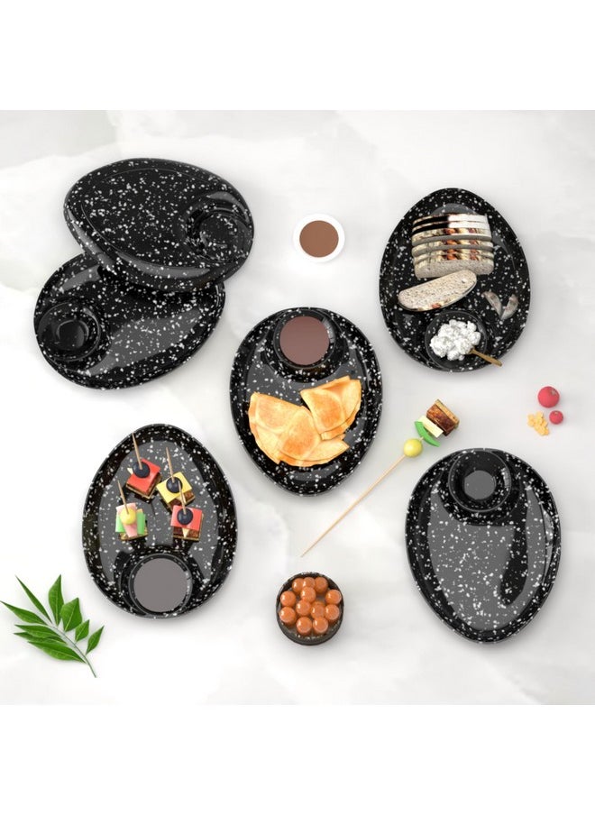 Castleite Wales Multi-Purpose Kitchen Serving Platter: Deluxe Melamine Crockery Set of 6 - Versatile Chip and Dip Dish for Snacks, Starters & Desserts (Marble Black)