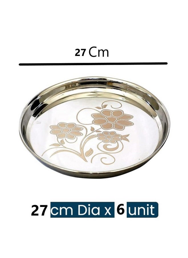 KC Stainless Steel Dinner Plate | Thali | Khumcha Plate with Laser Design Set of 6 Plates (Diamm. 27 Cms) (Set of 6 Thali)