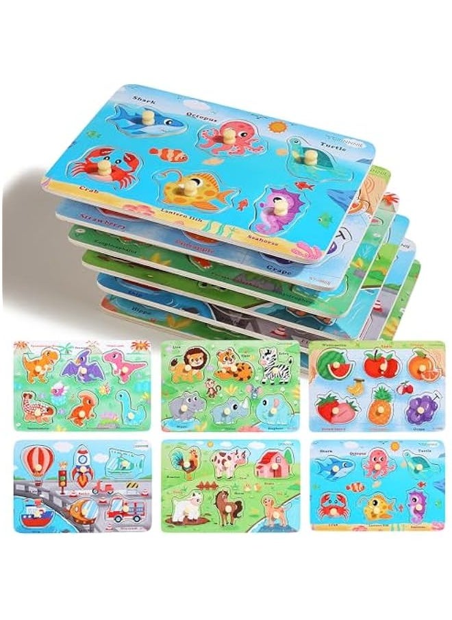 Wooden Toddler Puzzle Toy for 1 2 3 Years Old, 6 Pcs Montessori Learning Peg Puzzles for Kids - Fruit, Dino, Animal, Farm, Sea Creature and Transport Topic, Birthday for Girls Boys