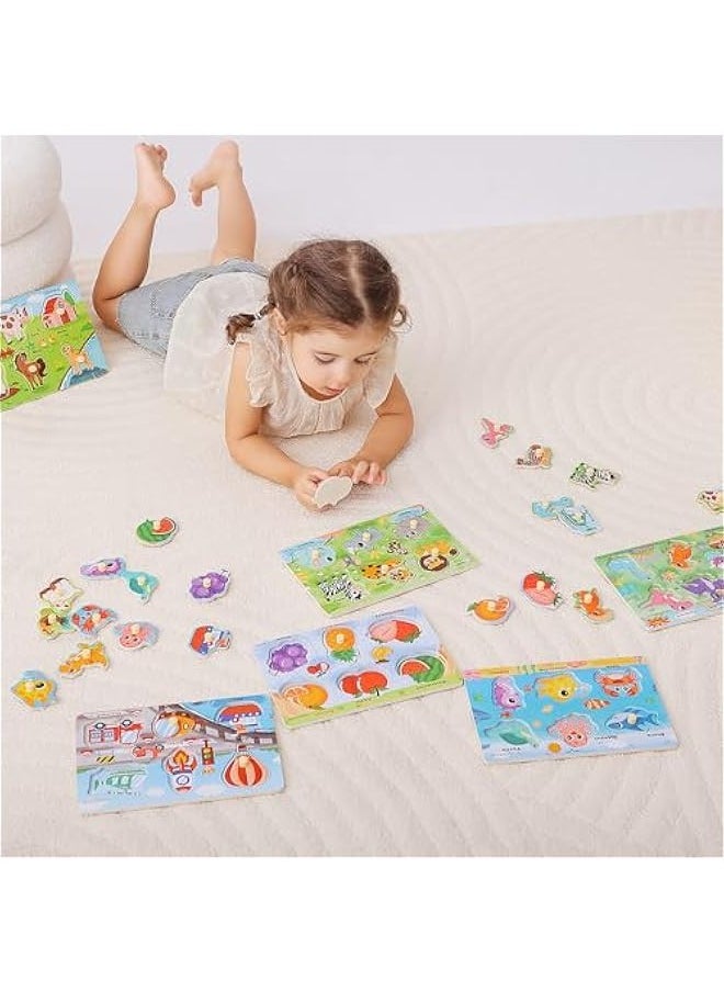 Wooden Toddler Puzzle Toy for 1 2 3 Years Old, 6 Pcs Montessori Learning Peg Puzzles for Kids - Fruit, Dino, Animal, Farm, Sea Creature and Transport Topic, Birthday for Girls Boys