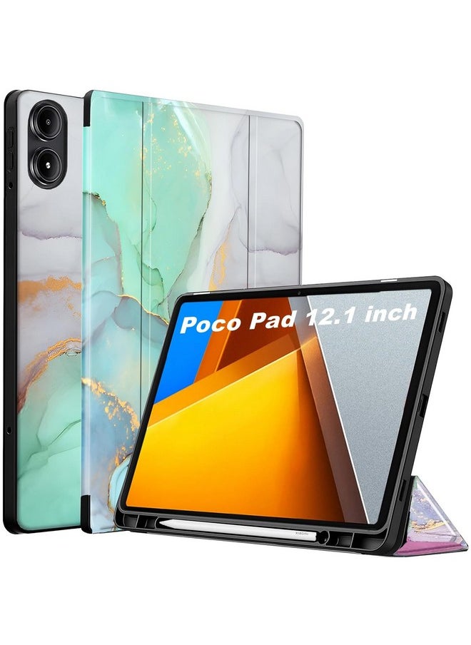 ProElite Cover for Poco Pad 12.1 inch Cover, Soft Flexible Flip Case Cover for Poco Pad 12.1 inch with Pen Holder, Support Auto Sleep Wake Feature, [Recoil Series] - Marble Green