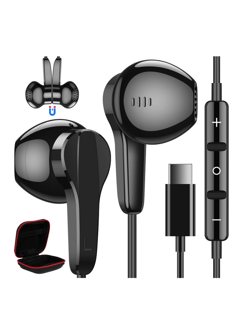 USB C Headphones for Samsung S22+ Ultra S23, Type C Wired Earbuds with Microphone, HiFi Stereo Sound, Volume Control, Magnetic In-Ear Design, Compatible with Android Phones.