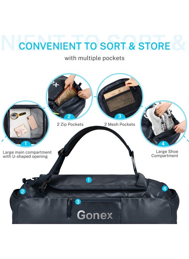 Gonex 80L Duffel Bag Backpack, Convertible to Gym Backpack and Handbag for Men Women, Water-Repellent for Hiking Camping Travelling Cycling, Dark Blue