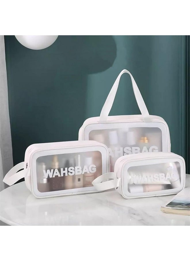Homestic Set of 3 Toiletry Bag | Travel Storage Carry Pouch | Waterproof Cosmetic Bags | Portable Carry Pouch for Men-Women | Transparent Wash Bag with Handle | ZH021WT | White