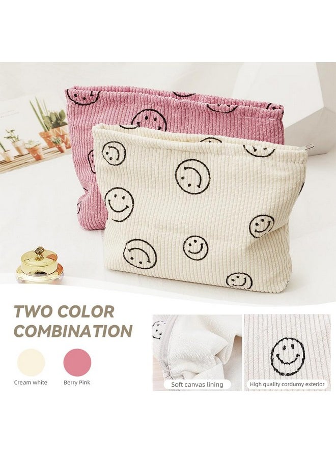 ZIBUYU® 2-Piece Makeup Pouch, Pouches for Women, Utility Zipper Pouch Fashion Smile Face Print Corduroy Makeup Bag, Small Pouches for Women25x18cm
