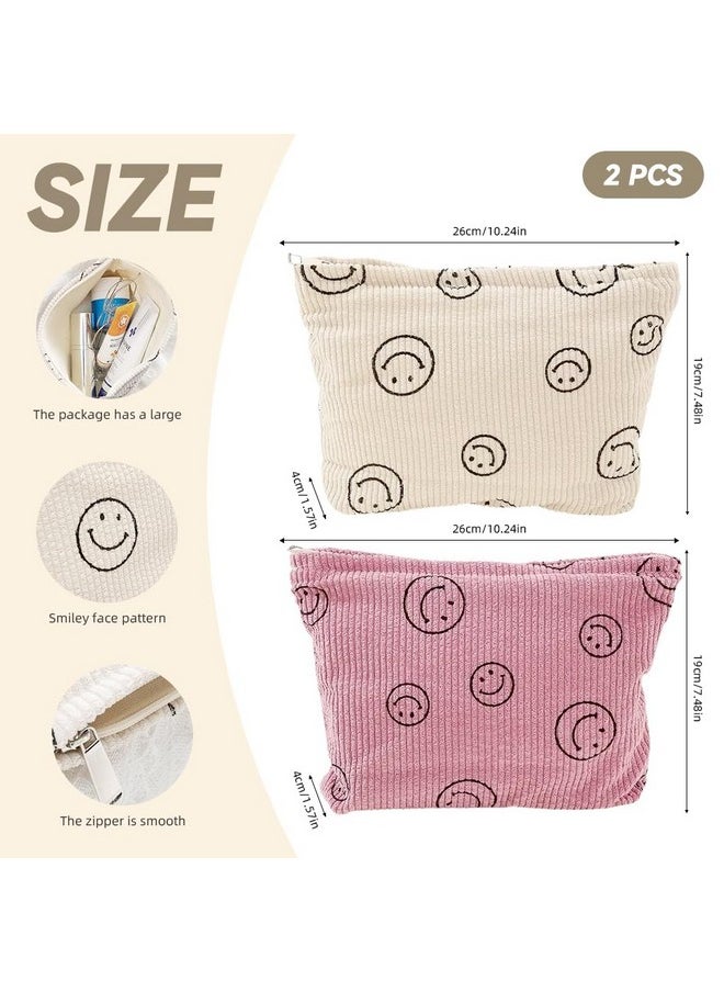 ZIBUYU® 2-Piece Makeup Pouch, Pouches for Women, Utility Zipper Pouch Fashion Smile Face Print Corduroy Makeup Bag, Small Pouches for Women25x18cm