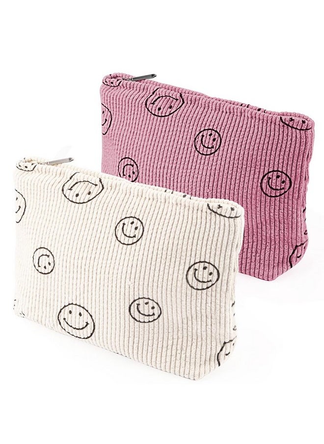 ZIBUYU® 2-Piece Makeup Pouch, Pouches for Women, Utility Zipper Pouch Fashion Smile Face Print Corduroy Makeup Bag, Small Pouches for Women25x18cm