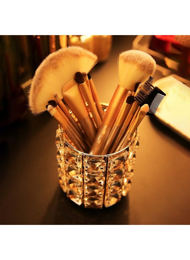 wolpin 1 Pc Crystal Cosmetic Makeup Brush Storage Holder Organiser Lipstick Pen Storage Box Embellished Stand for Dressing Table (10 x 10 x 12 cm, Gold)