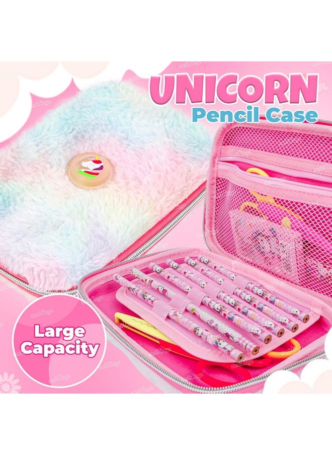 Zest 4 Toyz Fluffy Unicorn Pencil Case for Kids Feathery Touch Cute Rainbow Design Large Capacity Stationery Organizer with Compartments School Zipper Pouch for Girls-Assorted Color Design