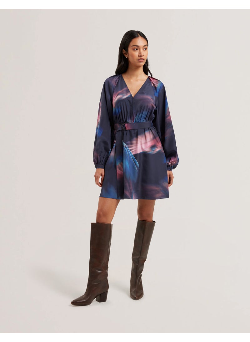 Printed V-Neck Belted Dress