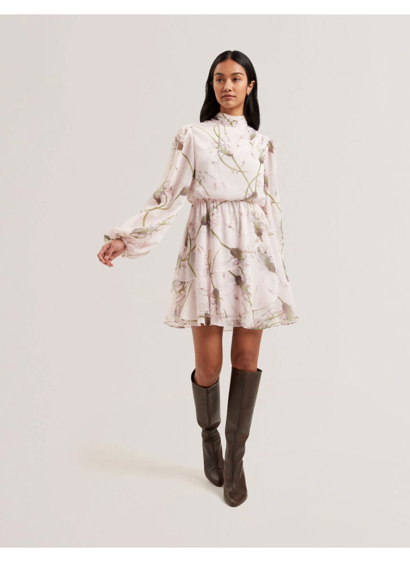 Printed Neck Tie Detail Dress