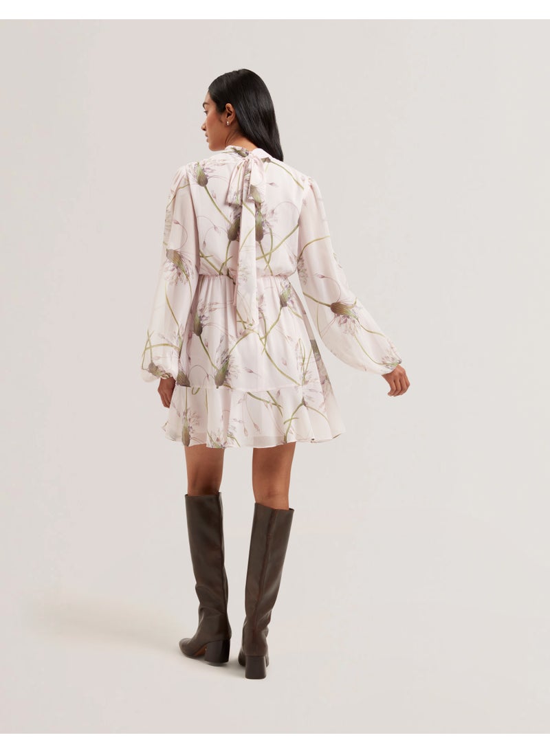 Printed Neck Tie Detail Dress