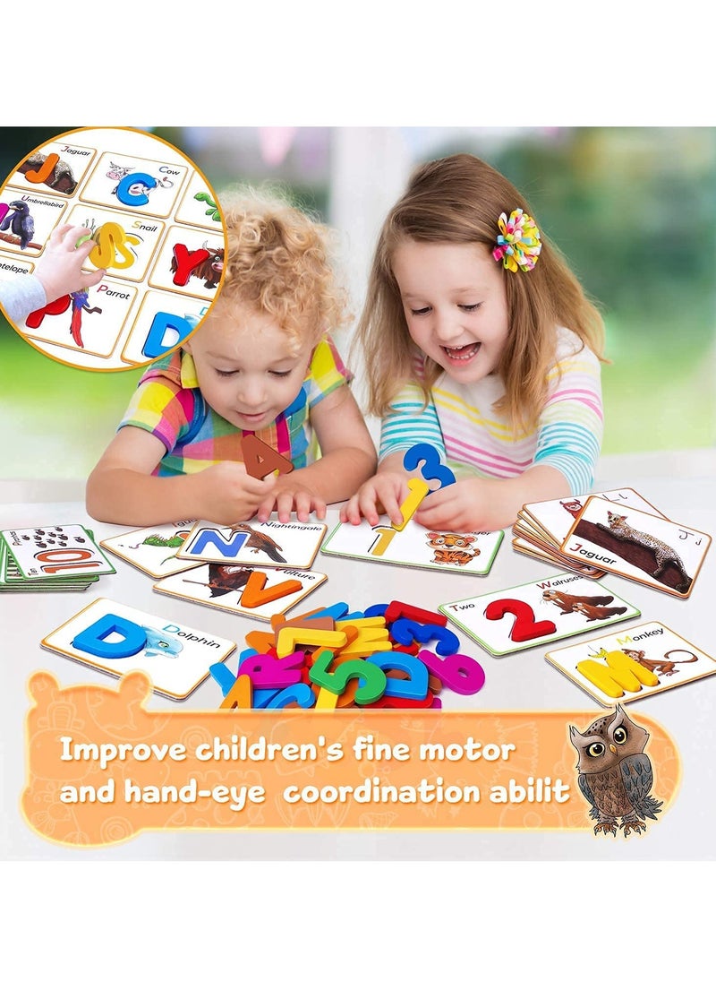 Early Childhood Education Toys, Numbers and Alphabets Flash Cards Set   ABC Wooden Letters and Numbers Animal Card Board Matching Puzzle for Kids Age 3 4 5 Preschool and Up Years