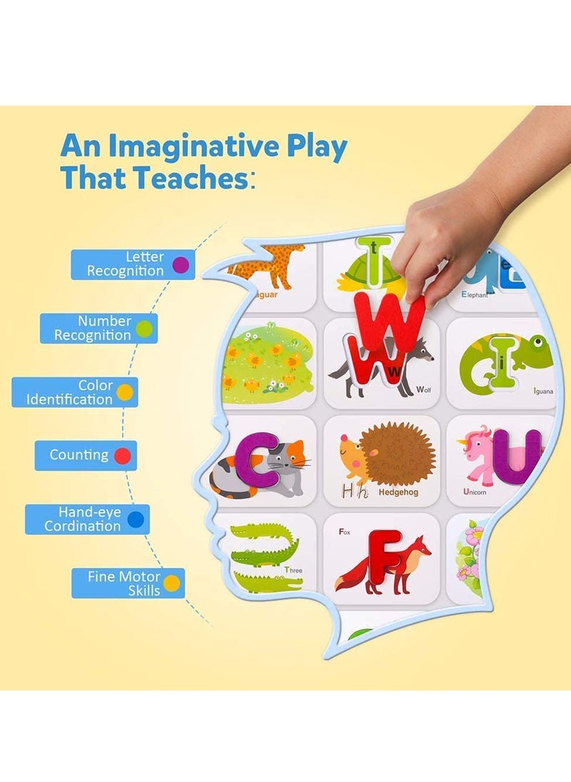 Early Childhood Education Toys, Numbers and Alphabets Flash Cards Set   ABC Wooden Letters and Numbers Animal Card Board Matching Puzzle for Kids Age 3 4 5 Preschool and Up Years