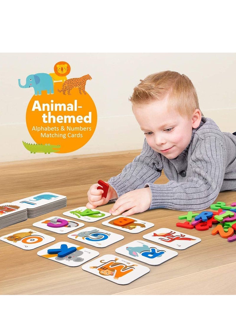 Early Childhood Education Toys, Numbers and Alphabets Flash Cards Set   ABC Wooden Letters and Numbers Animal Card Board Matching Puzzle for Kids Age 3 4 5 Preschool and Up Years