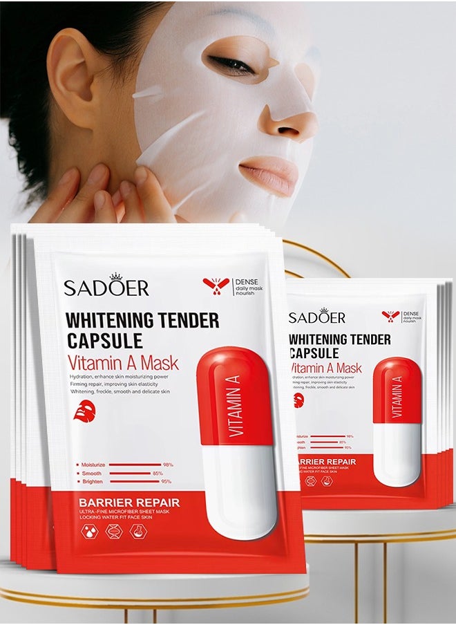 10 Pcs Whitening Tender Capsule Vitamin A Mask Set Hydration Moisturizing Firming Repair Whitens Freckle Smooth Skin Facial Mask Brighten Skin Care Sheet Face Mask for Women and Men Water Fit Face Skin