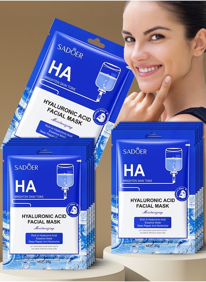 10 Pcs Hyaluronic Acid Facial Mask Set Moisturizing Hydrating Nourishing Deep Repair Essence Sheet Mask for Skin Care Youth Skin Glow Face Sheet Mask For Women and Men Youthful Glow Skin