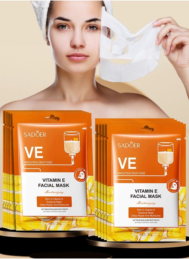 10 Pcs Vitamin E Facial Mask Set  VE Brighten Skin Tone Hydrating Nourishing Deep Repair Essence Sheet Mask for Skin Care Youth Skin Glow Face Sheet Mask For Women and Men Youthful Glow Skin