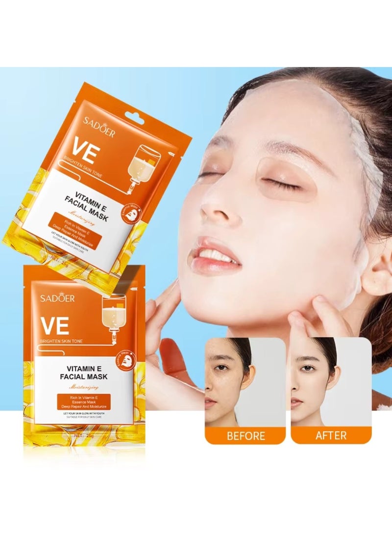 10 Pcs Vitamin E Facial Mask Set  VE Brighten Skin Tone Hydrating Nourishing Deep Repair Essence Sheet Mask for Skin Care Youth Skin Glow Face Sheet Mask For Women and Men Youthful Glow Skin