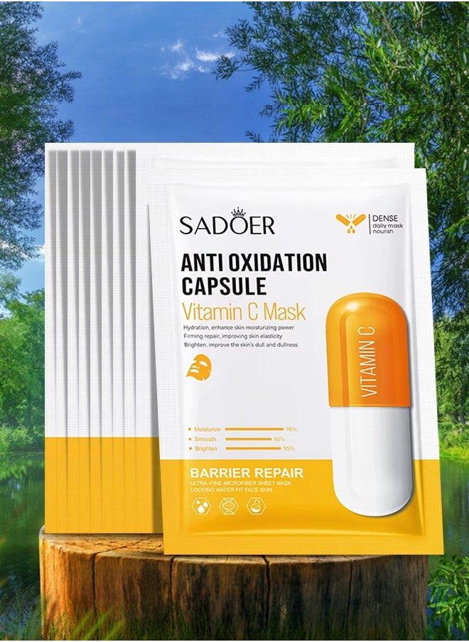 10 Pcs Anti Oxidation Capsule Vitamin C Mask Set Hydration Moisturizing Repair Whitening Freckle Smooth Skin Facial Mask Brighten Skin Care Sheet Face Mask for Women and Men Water Fit Face Skin