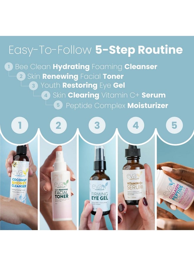 Eva Naturals Rejuvenating Skin Care Set - Exfoliate, Replenish & Moisturize With Vitamin C Plus Serum, Bee Clean Cleanser, Eye Gel, Face Moisturizer & Toner - Perfect Facial Cleanser Bundle