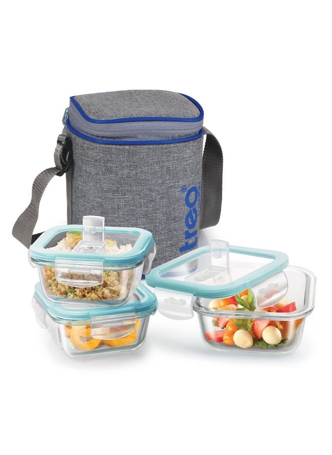 Treo by Milton All Fresh Square Glass Lunch Box Set of 3, Clear, 320ml Each, with Lunch Bag, Microwave & Dishwasher Safe, Leak Proof Containers, Borosilicate Glass, Office Tiffin, Grey