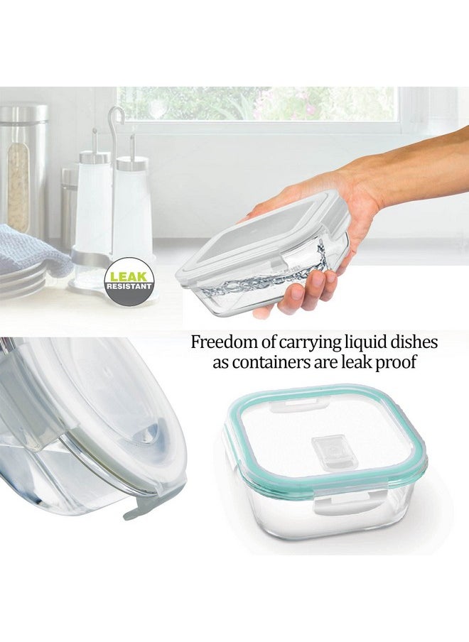 Treo by Milton All Fresh Square Glass Lunch Box Set of 3, Clear, 320ml Each, with Lunch Bag, Microwave & Dishwasher Safe, Leak Proof Containers, Borosilicate Glass, Office Tiffin, Grey