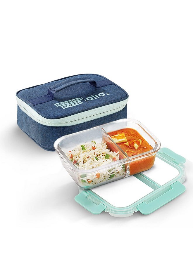 Allo FoodSafe Compartment Glass Lunch Box with Break Free Lock, Oven & Microwave Safe, Borosilicate Glass Container with Partition Divider, Office Tiffin with Denim Blue Bag, 1000ml, Rectangle
