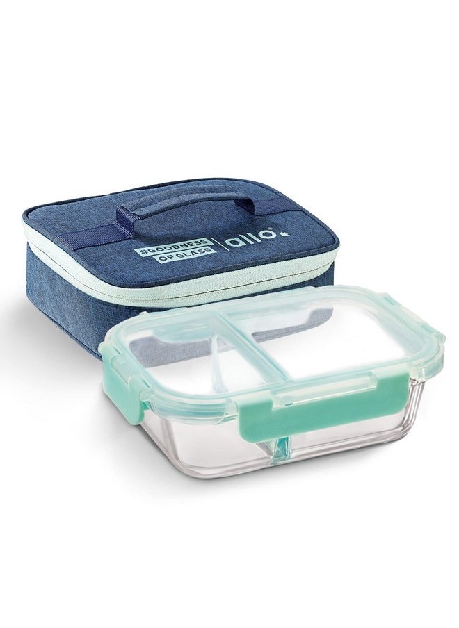 Allo FoodSafe Compartment Glass Lunch Box with Break Free Lock, Oven & Microwave Safe, Borosilicate Glass Container with Partition Divider, Office Tiffin with Denim Blue Bag, 1000ml, Rectangle