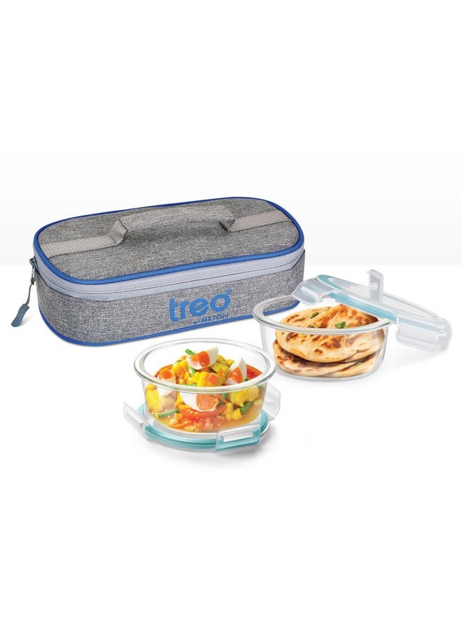 Treo by Milton All Fresh Round Glass Lunch Boxes, Set of 2 (400 ml Each) with Lunch Bag, Microwave & Dishwasher Safe, Leak Proof Containers, Borosilicate Glass, Office Tiffin, Transparent