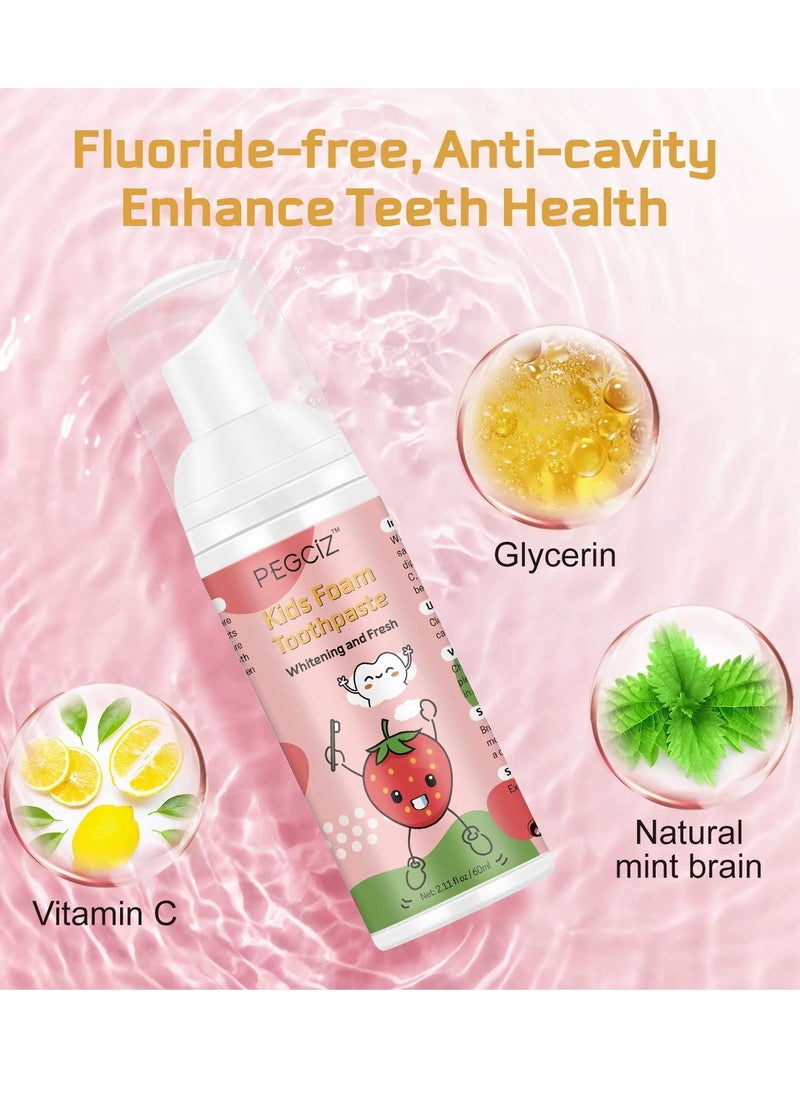 60ml Kids Foam Toothpaste with Fruit Flavor Toddler Toothpaste with Low Fluoride for U Shaped Toothbrush Foaming Toothpaste and Mouthwash for Dental Care for Children Whitening Toothpaste Foaming Toothpaste and Mouthwash Strawberry Flavor