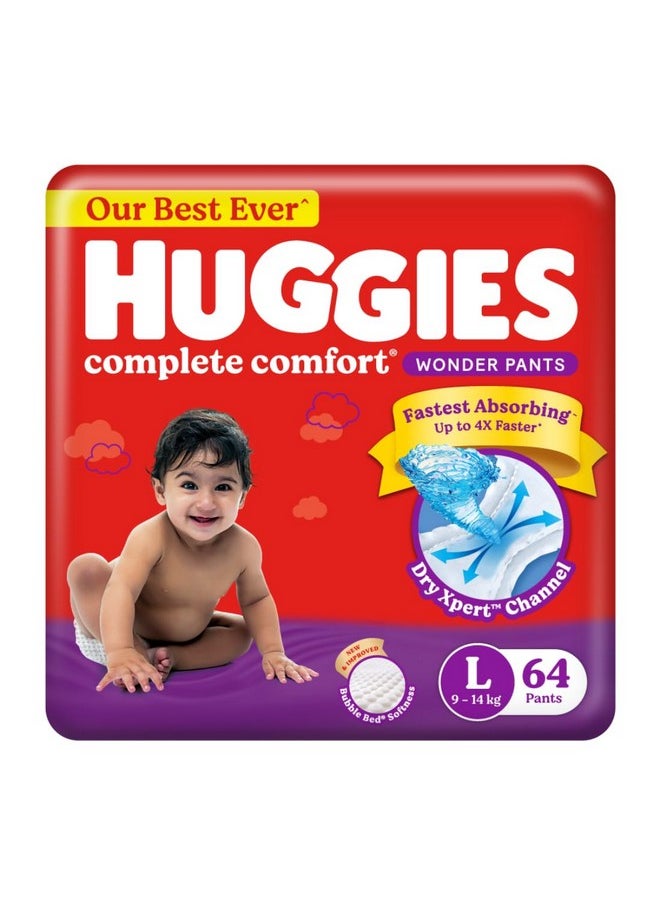 Huggies Complete Comfort Wonder Pants | Pant Style Baby Diapers L Size, 64 Count | India's Fastest Absorbing Diaper, Patented Dry Xpert Channel, Ideal for 9 to 14 Kgs