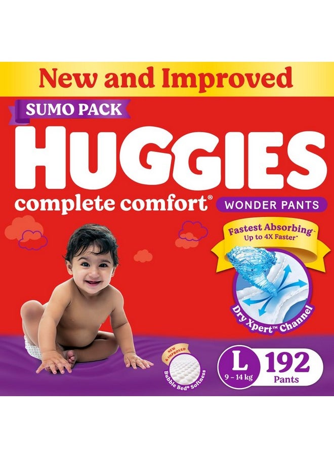 Huggies Complete Comfort Wonder Pants | Pant Style Baby Diapers L Size, 192 Count | India's Fastest Absorbing Diaper, Patented Dry Xpert Channel, Ideal for 9 to 14 Kgs