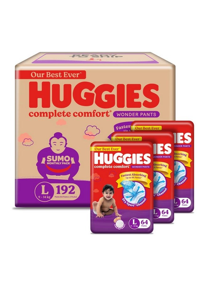 Huggies Complete Comfort Wonder Pants | Pant Style Baby Diapers L Size, 192 Count | India's Fastest Absorbing Diaper, Patented Dry Xpert Channel, Ideal for 9 to 14 Kgs