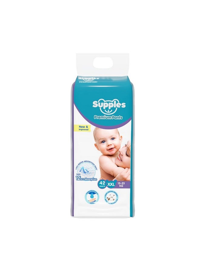 Amazon Brand - Supples Premium Baby Diaper Pants | 42 Baby Diapers | XXL | 15-25 Kg | 12 Hrs Absorption | Cushiony Cotton Soft Fabric | Phthalates-Free | Triple Leak Guard