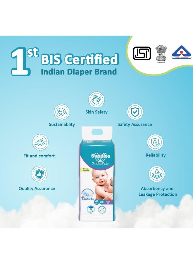 Amazon Brand - Supples Premium Baby Diaper Pants | 42 Baby Diapers | XXL | 15-25 Kg | 12 Hrs Absorption | Cushiony Cotton Soft Fabric | Phthalates-Free | Triple Leak Guard