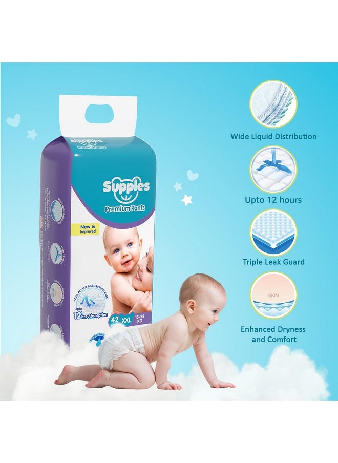 Amazon Brand - Supples Premium Baby Diaper Pants | 42 Baby Diapers | XXL | 15-25 Kg | 12 Hrs Absorption | Cushiony Cotton Soft Fabric | Phthalates-Free | Triple Leak Guard