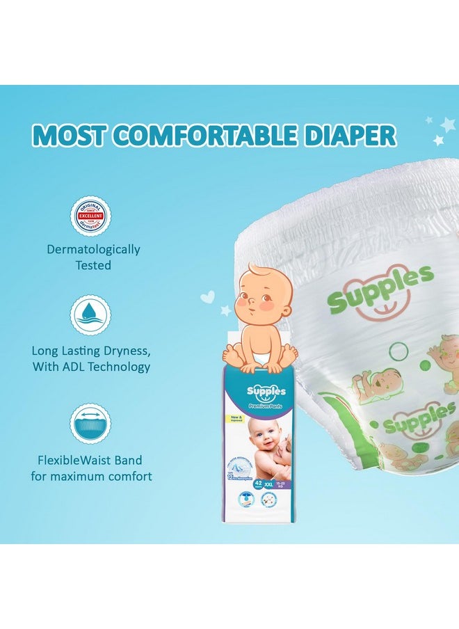 Amazon Brand - Supples Premium Baby Diaper Pants | 42 Baby Diapers | XXL | 15-25 Kg | 12 Hrs Absorption | Cushiony Cotton Soft Fabric | Phthalates-Free | Triple Leak Guard