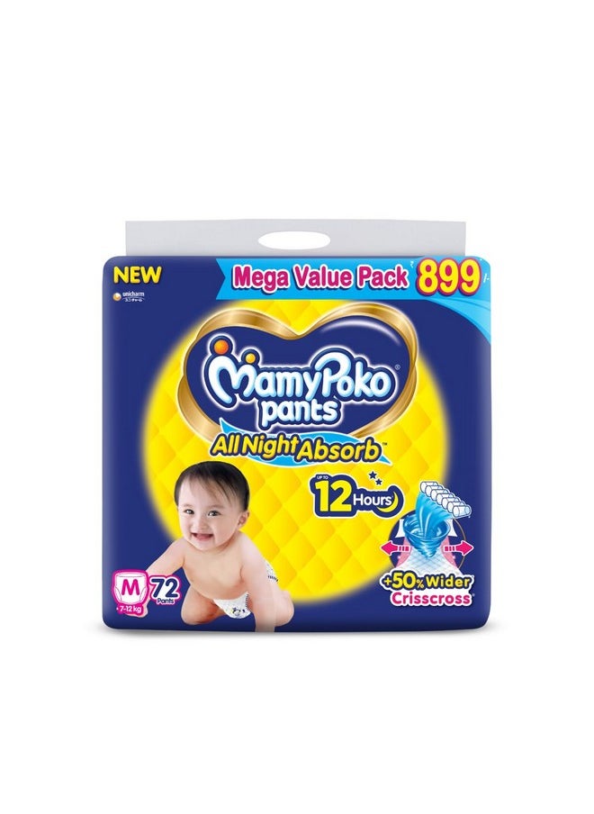 MamyPoko Pants All Night Absorb Baby Diapers Medium (M), 72 Count 7-12 kg