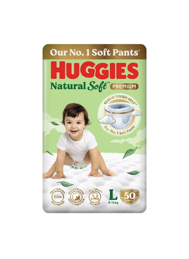 Huggies Natural Soft Premium Baby Diaper Pants, Our No.1 Soft Pants, Large (L) Size (9-14 Kgs), Pack of 50 diapers | Cloud Softness All over with India's 1st Cloud Touch Belt