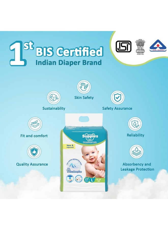 Amazon Brand - Supples Premium Baby Diaper Pants | 27 Baby Diapers | Large | 9-14 Kg | 12 Hrs Absorption | Cushiony Cotton Soft Fabric | Phthalates-Free | Triple Leak Guard