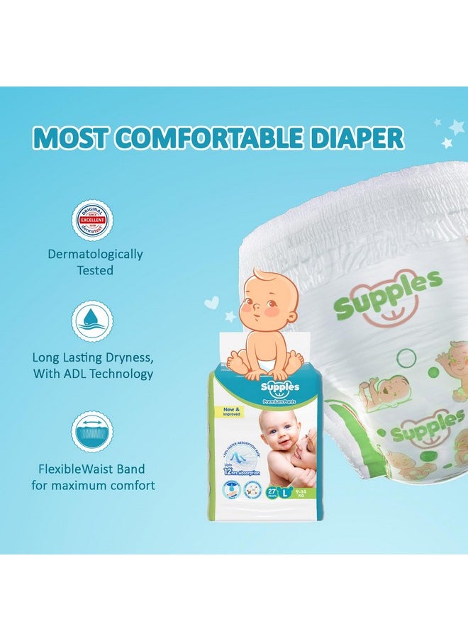 Amazon Brand - Supples Premium Baby Diaper Pants | 27 Baby Diapers | Large | 9-14 Kg | 12 Hrs Absorption | Cushiony Cotton Soft Fabric | Phthalates-Free | Triple Leak Guard