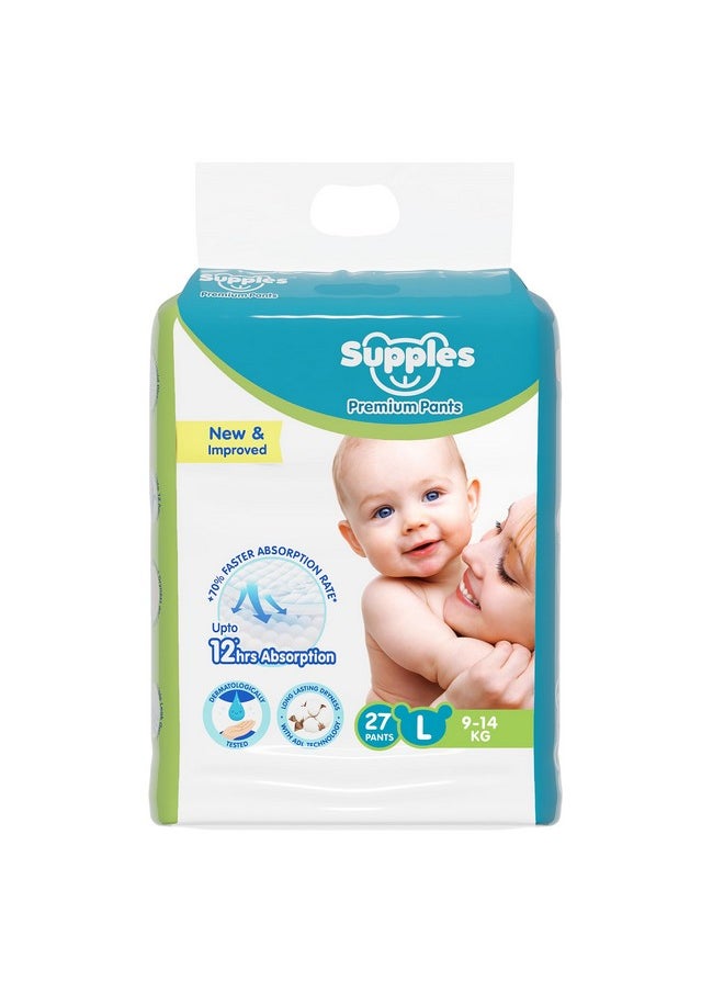 Amazon Brand - Supples Premium Baby Diaper Pants | 27 Baby Diapers | Large | 9-14 Kg | 12 Hrs Absorption | Cushiony Cotton Soft Fabric | Phthalates-Free | Triple Leak Guard