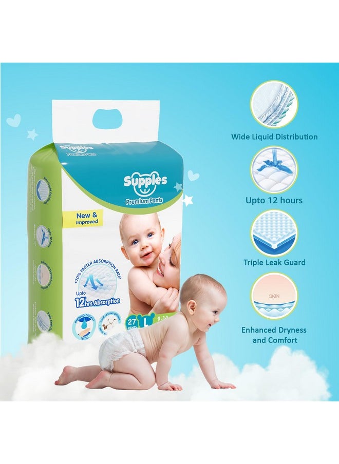 Amazon Brand - Supples Premium Baby Diaper Pants | 27 Baby Diapers | Large | 9-14 Kg | 12 Hrs Absorption | Cushiony Cotton Soft Fabric | Phthalates-Free | Triple Leak Guard