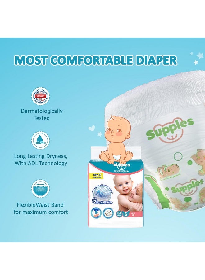 Amazon Brand - Supples Premium Baby Diaper Pants | 34 Baby Diapers | Small | 4-8 Kg | 12 Hrs Absorption | Cushiony Cotton Soft Fabric | Phthalates-Free | Triple Leak Guard