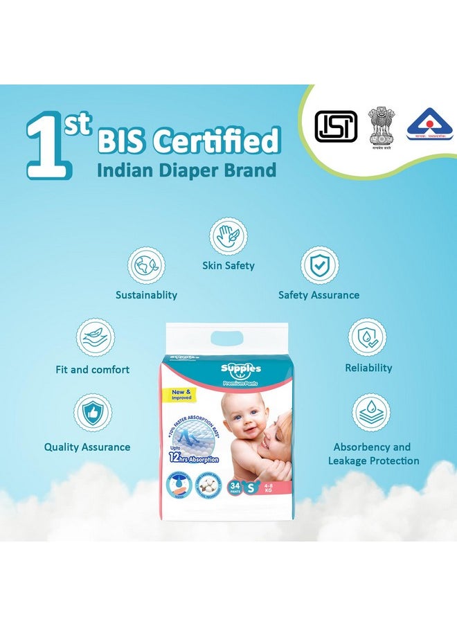 Amazon Brand - Supples Premium Baby Diaper Pants | 34 Baby Diapers | Small | 4-8 Kg | 12 Hrs Absorption | Cushiony Cotton Soft Fabric | Phthalates-Free | Triple Leak Guard