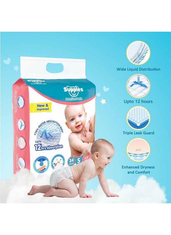 Amazon Brand - Supples Premium Baby Diaper Pants | 34 Baby Diapers | Small | 4-8 Kg | 12 Hrs Absorption | Cushiony Cotton Soft Fabric | Phthalates-Free | Triple Leak Guard