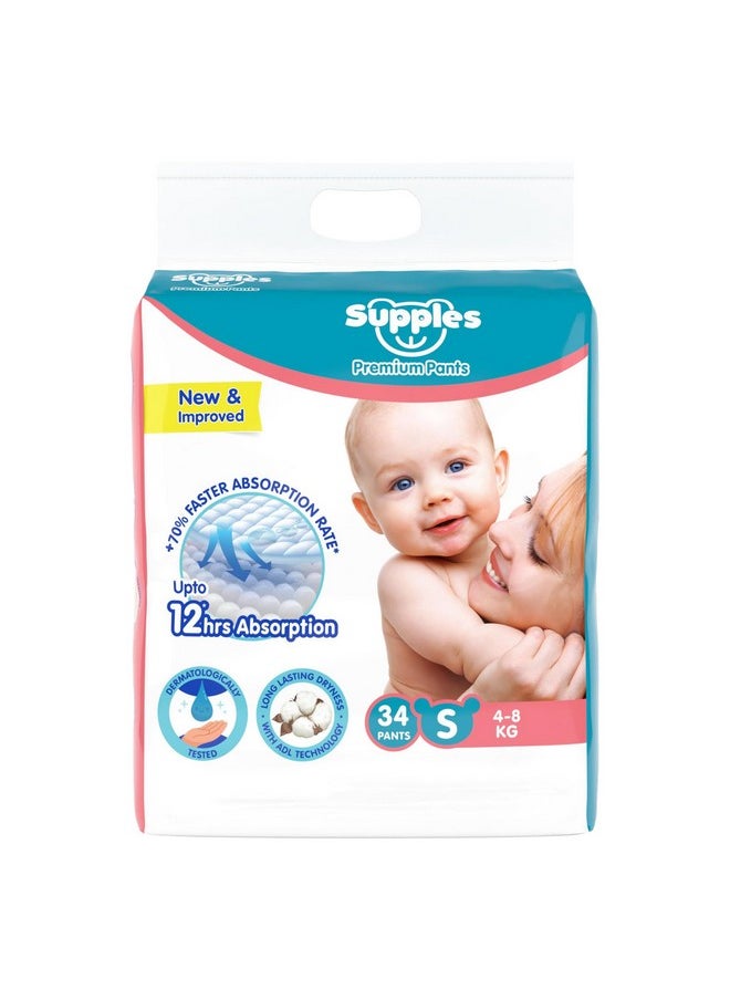 Amazon Brand - Supples Premium Baby Diaper Pants | 34 Baby Diapers | Small | 4-8 Kg | 12 Hrs Absorption | Cushiony Cotton Soft Fabric | Phthalates-Free | Triple Leak Guard